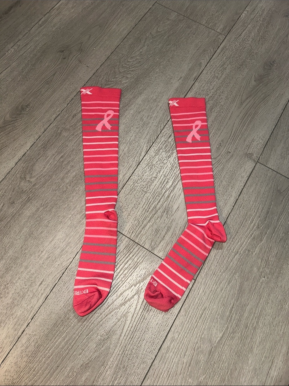Pink Striped Compression Knee-High Socks with Breast Cancer Ribbon